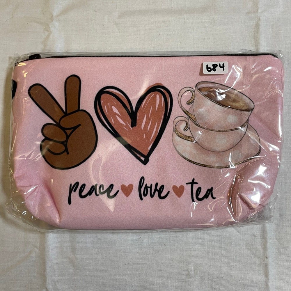 The Pouch Peace Love Tea Accessory Bag Women Small Pink NWT Graphic Zipper Case